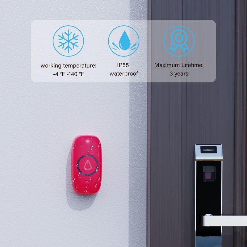 SECRUI Wireless Doorbells for Home, Classrooms, Apartments, Businesses, etc. Easy to Use, Adjustable Volume, 58 Chimes, Colorful LED, Waterproof, 1000Ft Range, M520+F55, Rose Red - Image 3